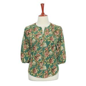 Womens Silky Blouse Green Brown Floral 3/4 Sleeve V-Neck Summer Casual Top Large